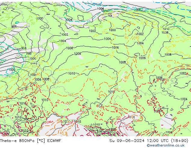 Theta-e 850hPa ECMWF Dom 09.06.2024 12 UTC