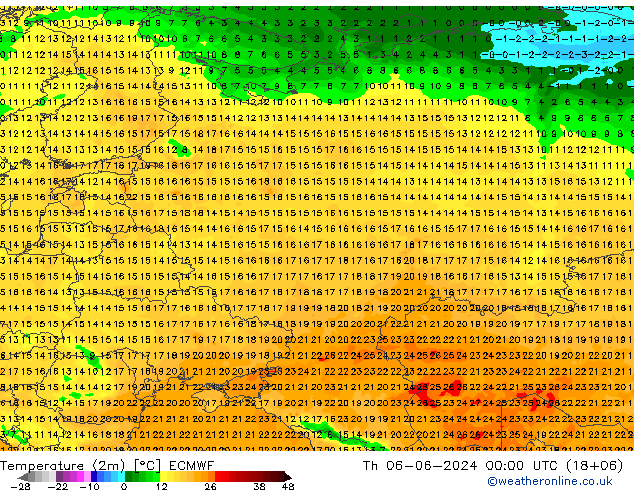 Temperatura (2m) ECMWF jue 06.06.2024 00 UTC