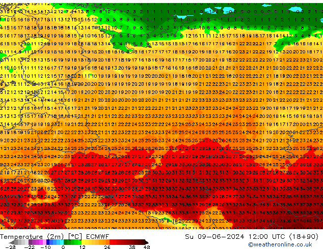 Temperature (2m) ECMWF Su 09.06.2024 12 UTC