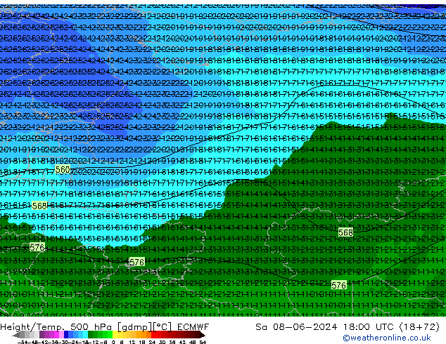 Height/Temp. 500 hPa ECMWF Sa 08.06.2024 18 UTC