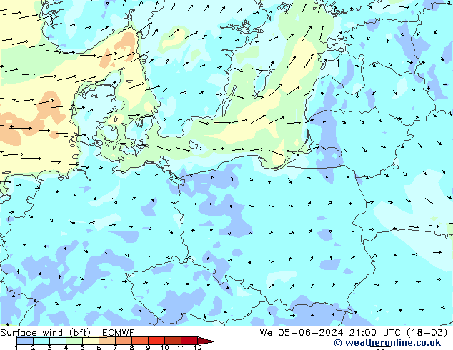 Surface wind (bft) ECMWF We 05.06.2024 21 UTC