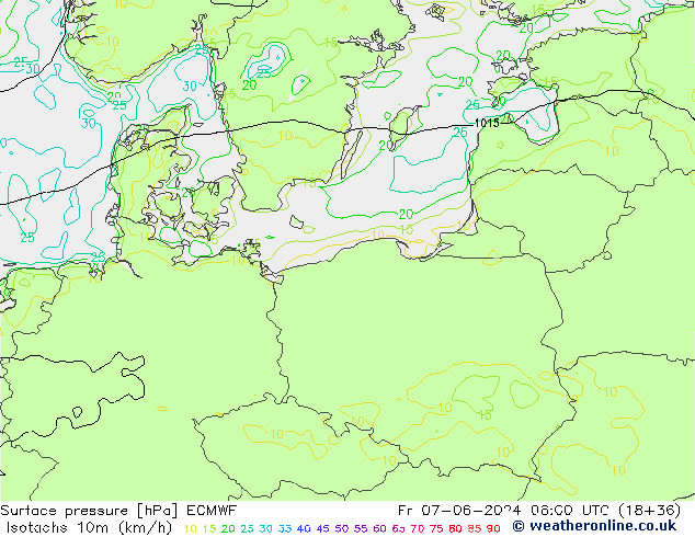 Isotachen (km/h) ECMWF Fr 07.06.2024 06 UTC
