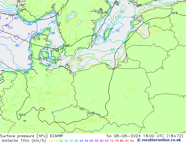 Isotachs (kph) ECMWF Sa 08.06.2024 18 UTC