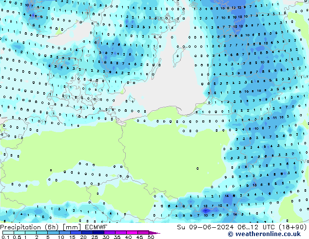 осадки (6h) ECMWF Вс 09.06.2024 12 UTC