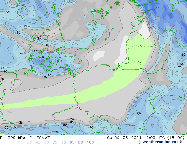 RH 700 hPa ECMWF Su 09.06.2024 12 UTC