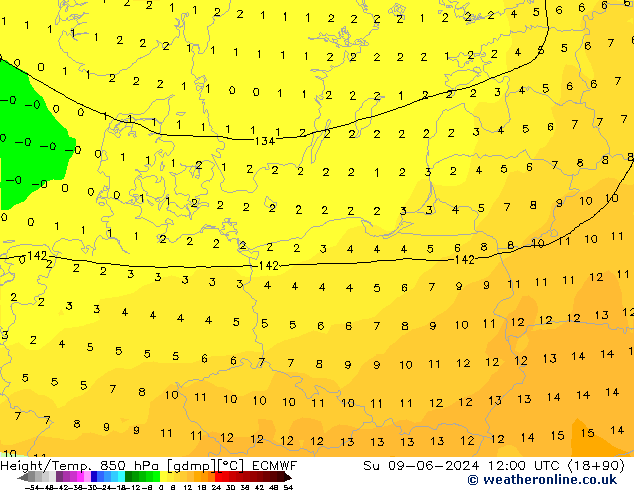 Height/Temp. 850 hPa ECMWF Su 09.06.2024 12 UTC