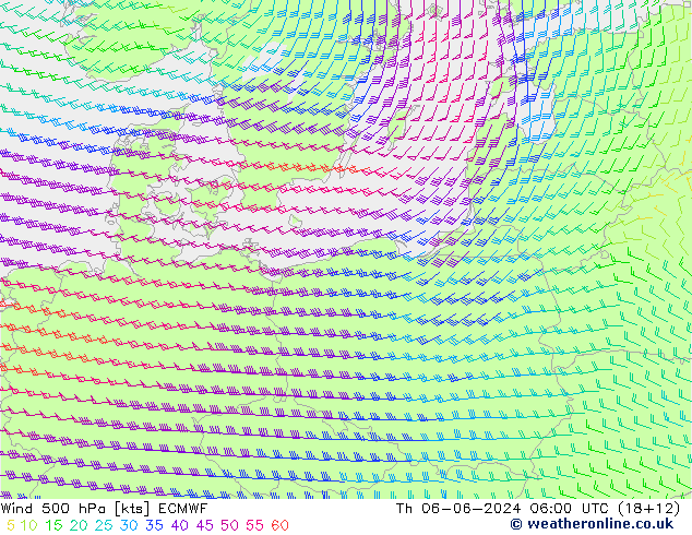 Vento 500 hPa ECMWF gio 06.06.2024 06 UTC