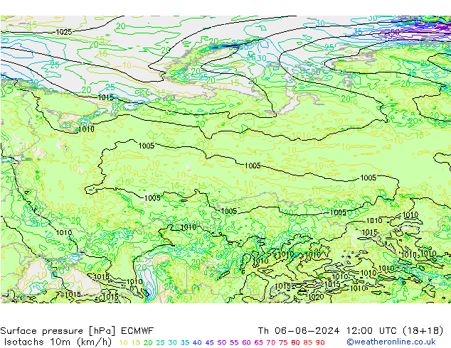 Isotachen (km/h) ECMWF do 06.06.2024 12 UTC