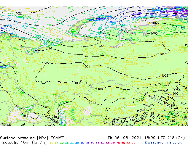 Isotachs (kph) ECMWF  06.06.2024 18 UTC