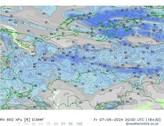 RH 850 hPa ECMWF Sex 07.06.2024 00 UTC