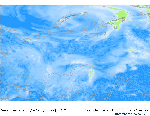 Deep layer shear (0-1km) ECMWF сб 08.06.2024 18 UTC