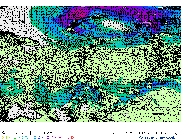 Viento 700 hPa ECMWF vie 07.06.2024 18 UTC