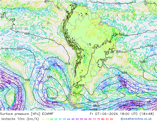 Isotachs (kph) ECMWF Fr 07.06.2024 18 UTC