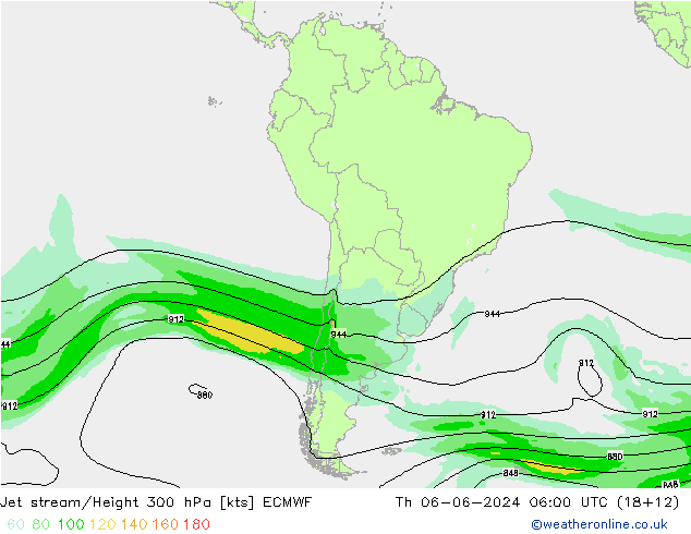 Jet stream/Height 300 hPa ECMWF Čt 06.06.2024 06 UTC