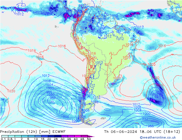 Totale neerslag (12h) ECMWF do 06.06.2024 06 UTC