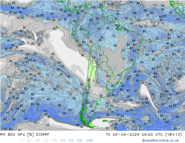 RH 850 hPa ECMWF gio 06.06.2024 06 UTC