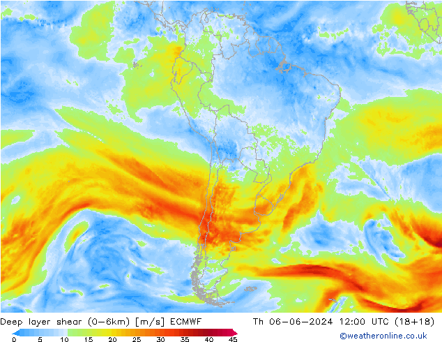 Deep layer shear (0-6km) ECMWF jeu 06.06.2024 12 UTC