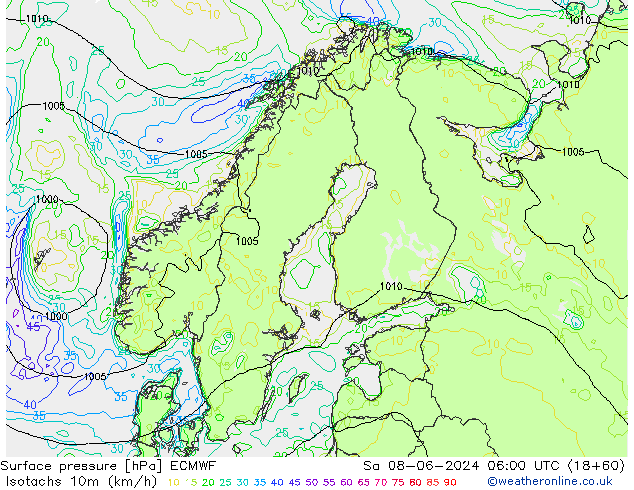 Isotachs (kph) ECMWF Sa 08.06.2024 06 UTC