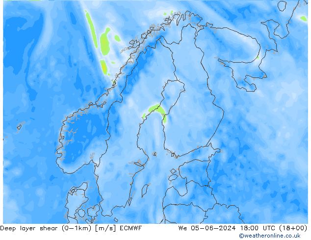 Deep layer shear (0-1km) ECMWF Qua 05.06.2024 18 UTC