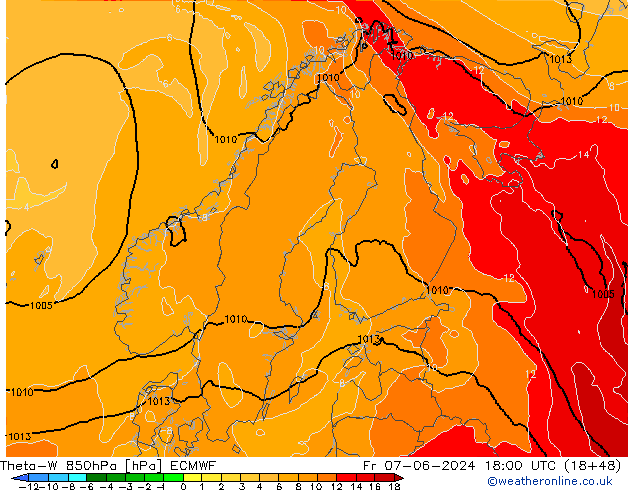 Theta-W 850hPa ECMWF Sex 07.06.2024 18 UTC