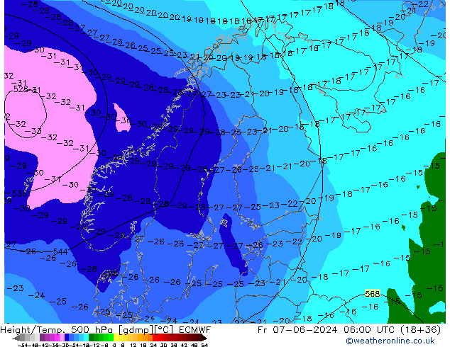 Z500/Rain (+SLP)/Z850 ECMWF Fr 07.06.2024 06 UTC