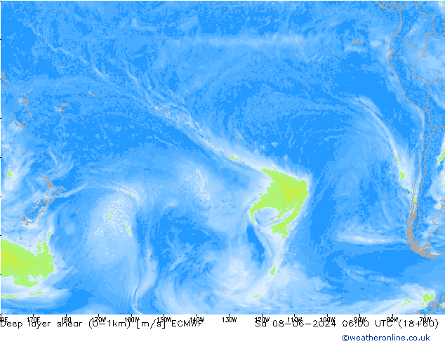 Deep layer shear (0-1km) ECMWF sam 08.06.2024 06 UTC