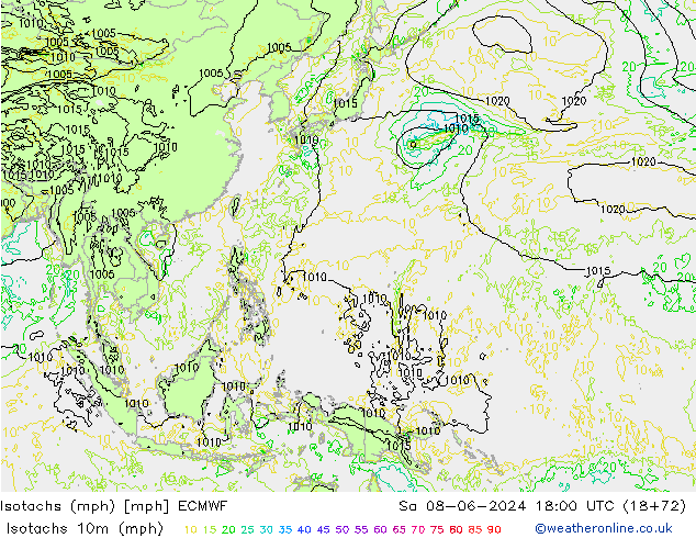 Isotachs (mph) ECMWF сб 08.06.2024 18 UTC