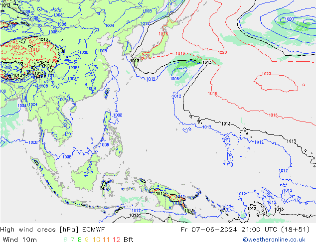 High wind areas ECMWF Pá 07.06.2024 21 UTC
