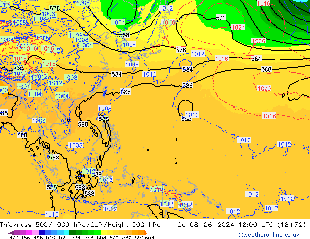 Thck 500-1000гПа ECMWF сб 08.06.2024 18 UTC