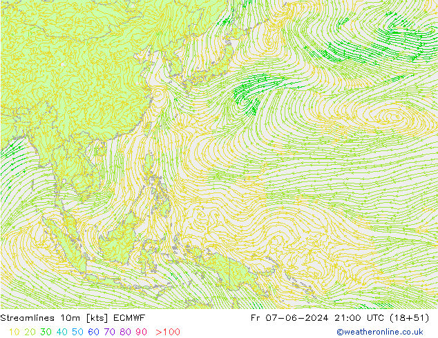 Ligne de courant 10m ECMWF ven 07.06.2024 21 UTC