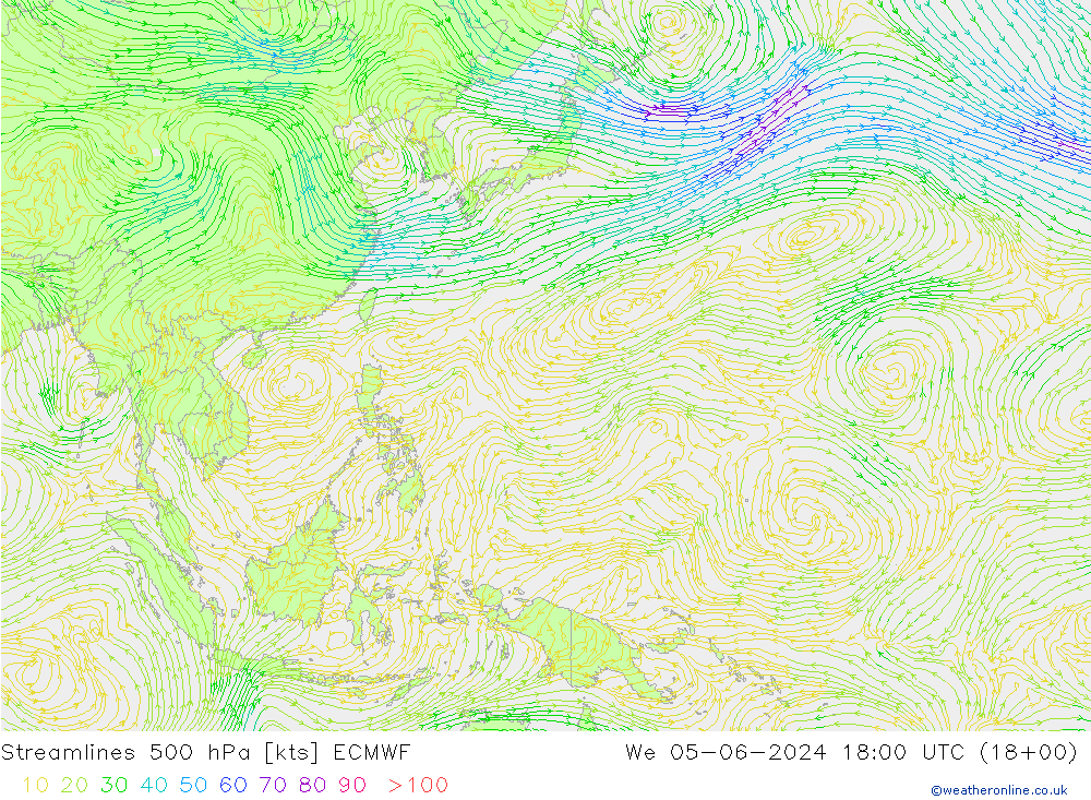 Linha de corrente 500 hPa ECMWF Qua 05.06.2024 18 UTC