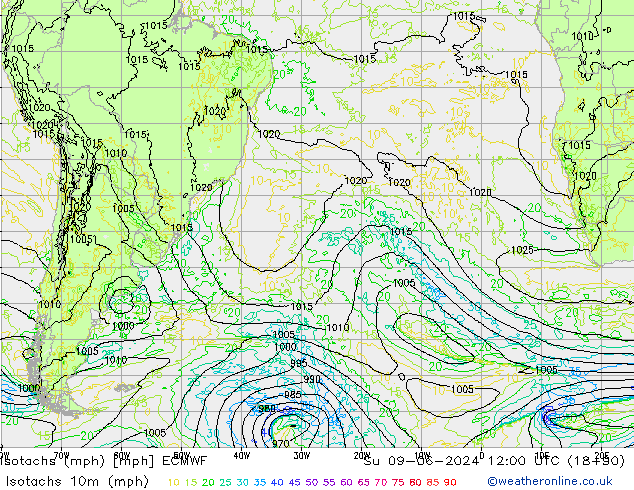 Izotacha (mph) ECMWF nie. 09.06.2024 12 UTC