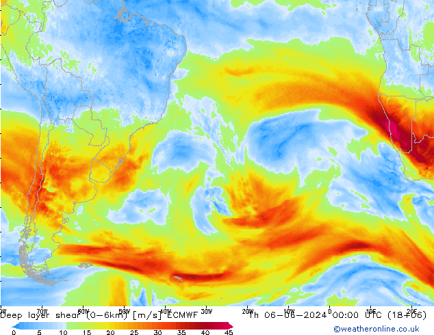 Deep layer shear (0-6km) ECMWF Th 06.06.2024 00 UTC