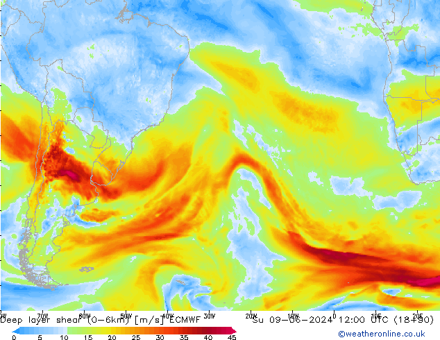 Deep layer shear (0-6km) ECMWF nie. 09.06.2024 12 UTC