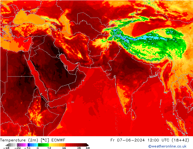 Temperatuurkaart (2m) ECMWF vr 07.06.2024 12 UTC