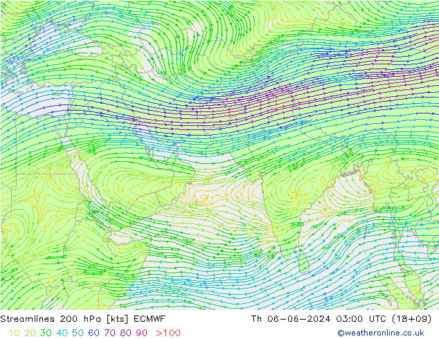 Streamlines 200 hPa ECMWF Th 06.06.2024 03 UTC