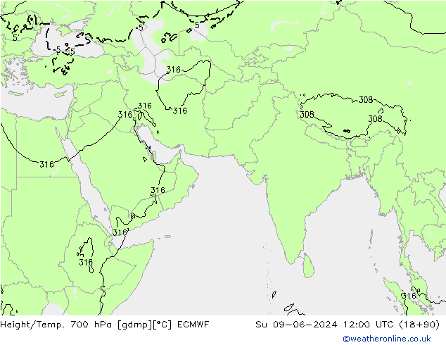 Height/Temp. 700 hPa ECMWF Dom 09.06.2024 12 UTC