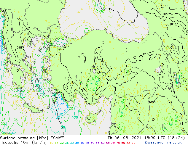 Isotachen (km/h) ECMWF do 06.06.2024 18 UTC