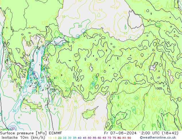 Isotachen (km/h) ECMWF Fr 07.06.2024 12 UTC