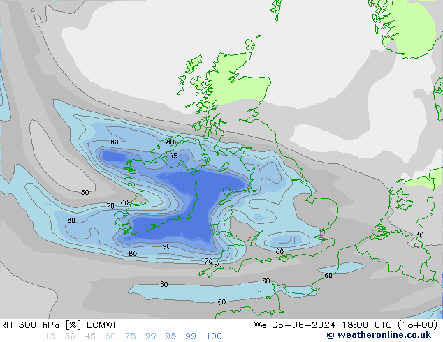 RH 300 hPa ECMWF Qua 05.06.2024 18 UTC