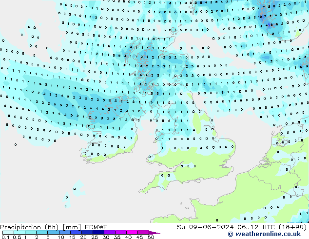 Precipitación (6h) ECMWF dom 09.06.2024 12 UTC