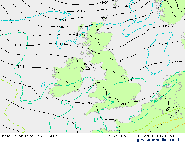 Theta-e 850hPa ECMWF gio 06.06.2024 18 UTC