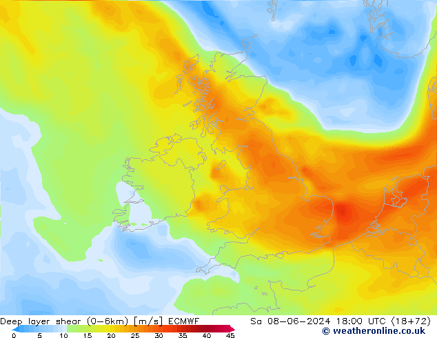 Deep layer shear (0-6km) ECMWF Sáb 08.06.2024 18 UTC