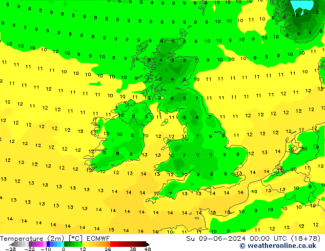 Temperature (2m) ECMWF Su 09.06.2024 00 UTC