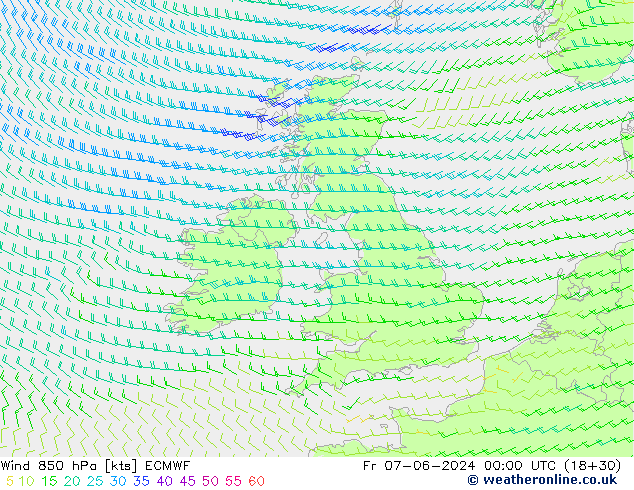 Vento 850 hPa ECMWF Sex 07.06.2024 00 UTC