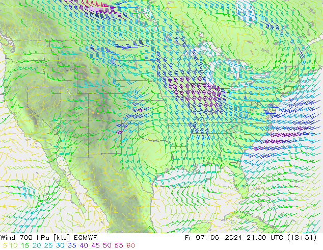 Rüzgar 700 hPa ECMWF Cu 07.06.2024 21 UTC