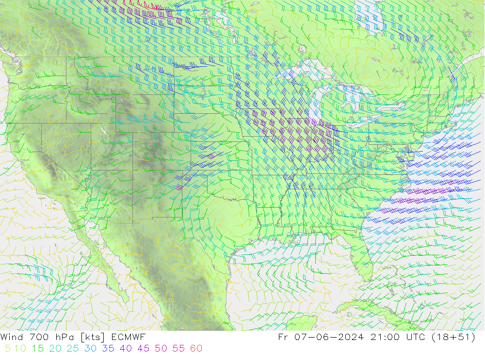 Wind 700 hPa ECMWF Fr 07.06.2024 21 UTC