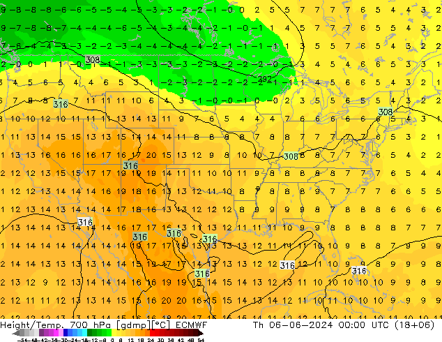 Height/Temp. 700 hPa ECMWF Th 06.06.2024 00 UTC