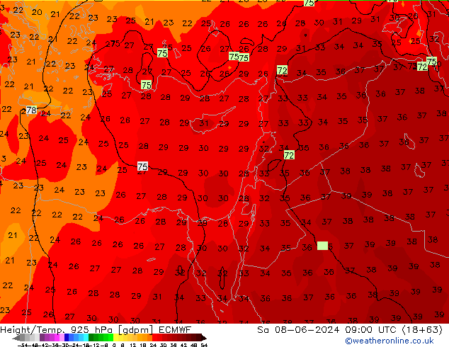 Height/Temp. 925 hPa ECMWF so. 08.06.2024 09 UTC