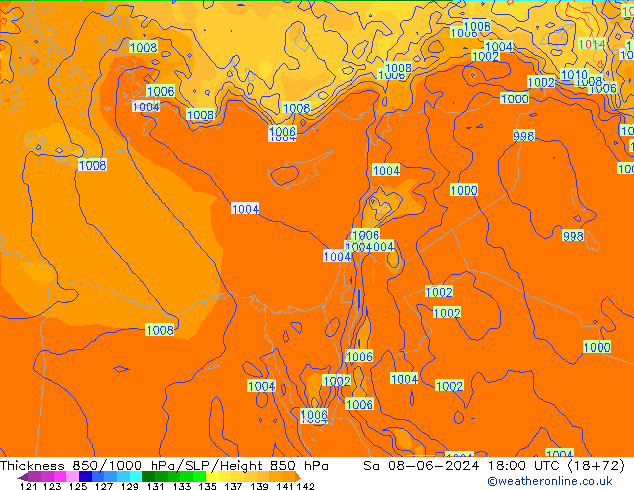 Dikte 850-1000 hPa ECMWF za 08.06.2024 18 UTC